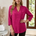 thumbnail image 2 of Shirts For Women Trendy Sevevn Women's Casual V Neck 3/4 Roll Sleeve Blouse Linen Blend Tunic Top with Pocket Hot Pink XL, 2 of 7