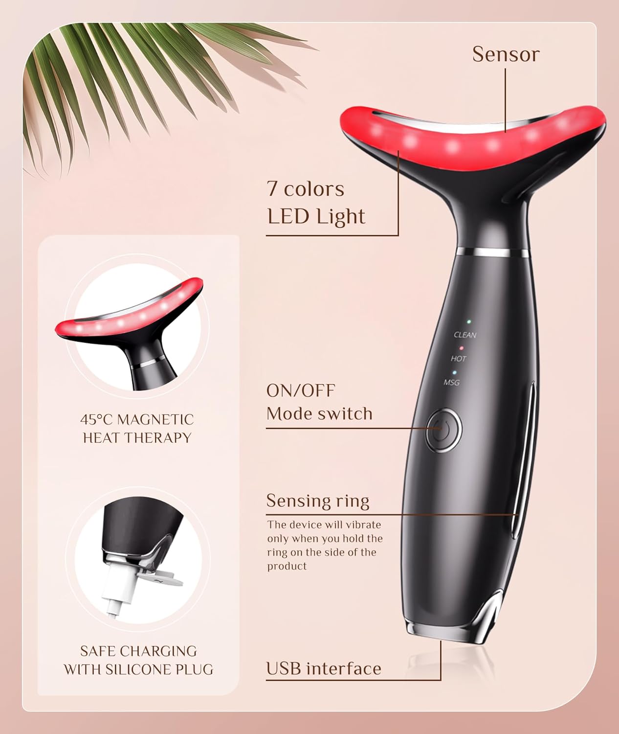 Red Light Therapy Facial Massager, 7 Color Adjustable Vibration and Heat for Wrinkles and Double Chin, Portable Skin Care Tool with Charging Base