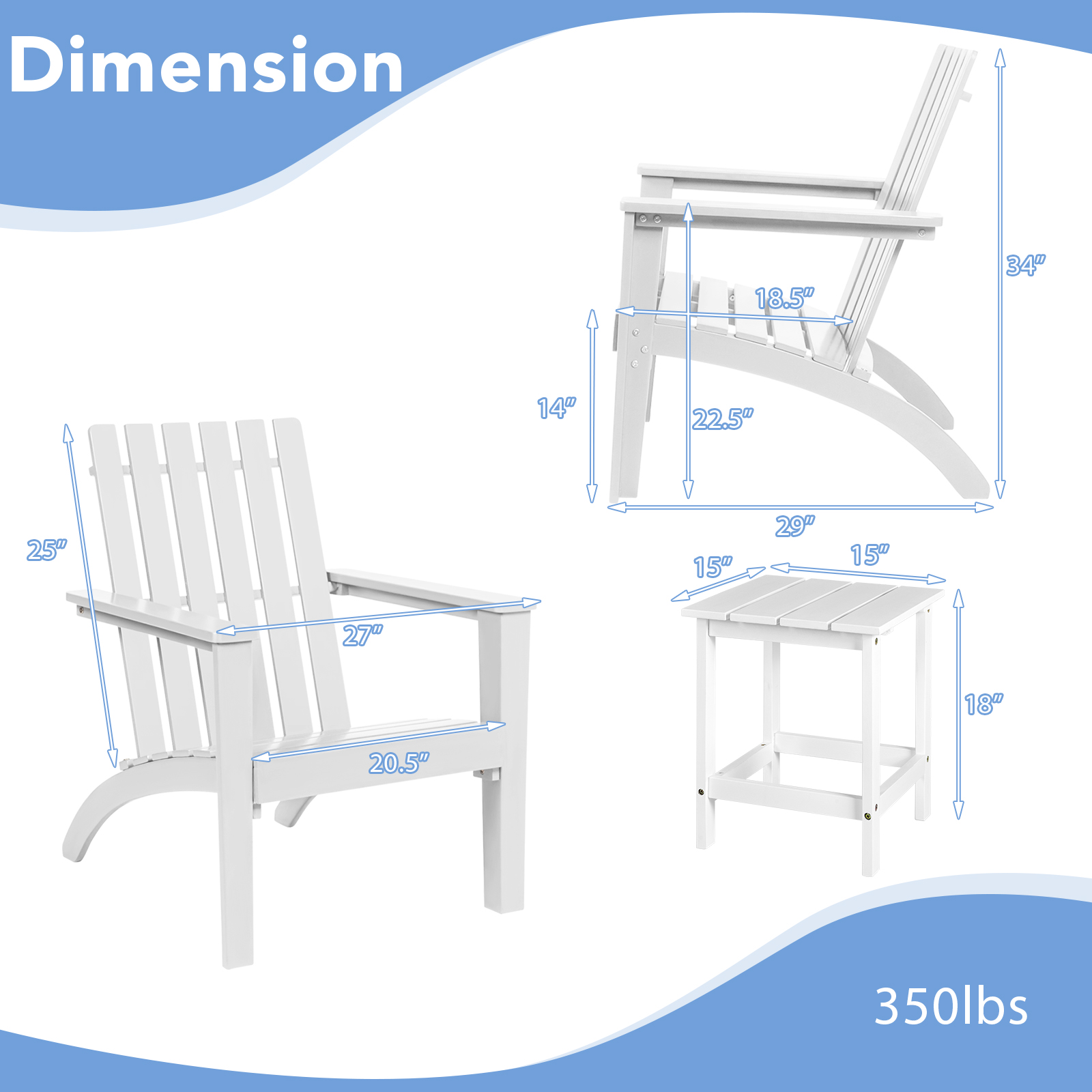 Patiojoy 3PCS Patio Adirondack Chair Side Table Set Solid Wood Garden Deck Bistro Set Classic Furniture Chair Set White - image 4 of 10