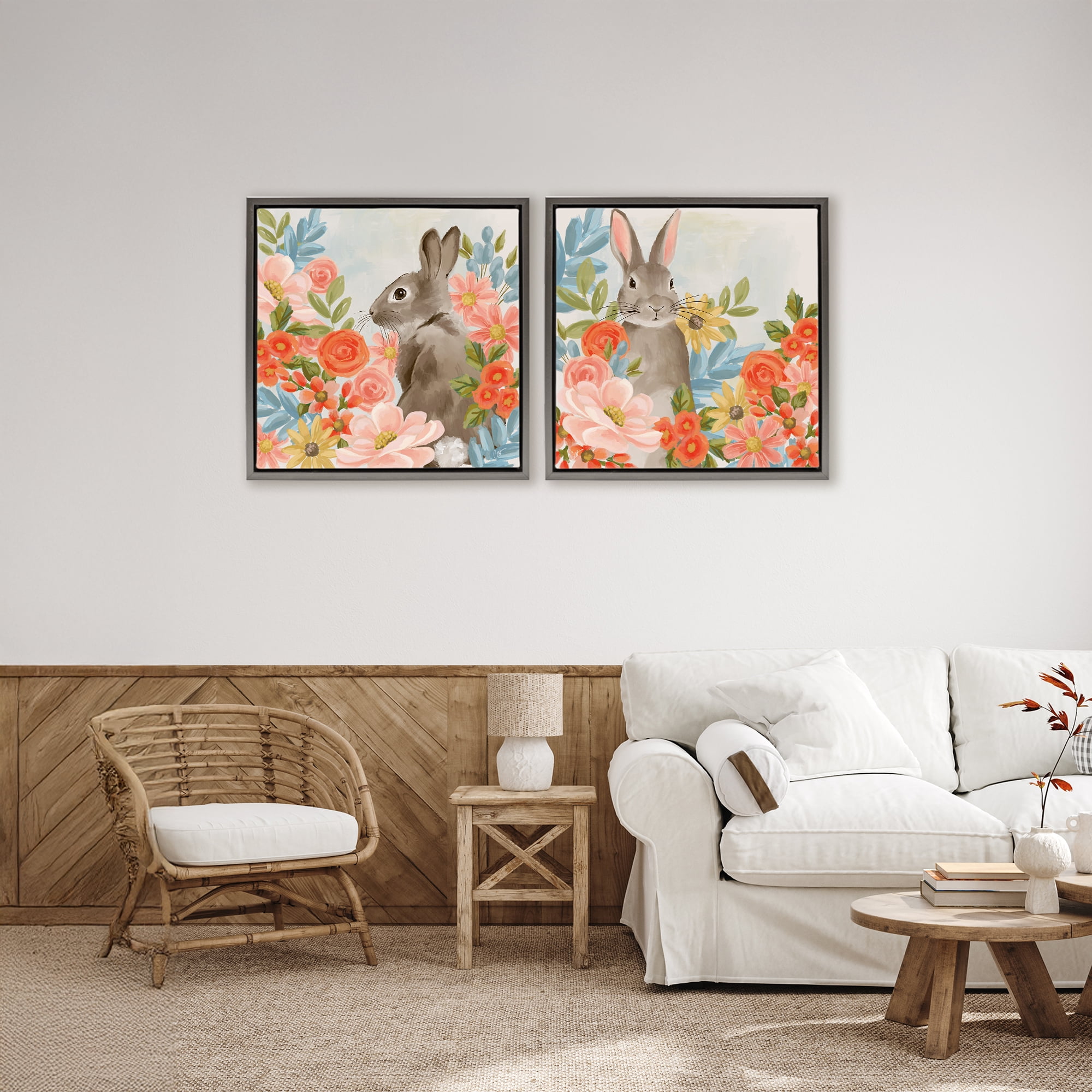 Stupell Industries Bright Bunny Blooms 2 Piece Gray Framed Floater Canvas Set, design by Cat Thurman Designs