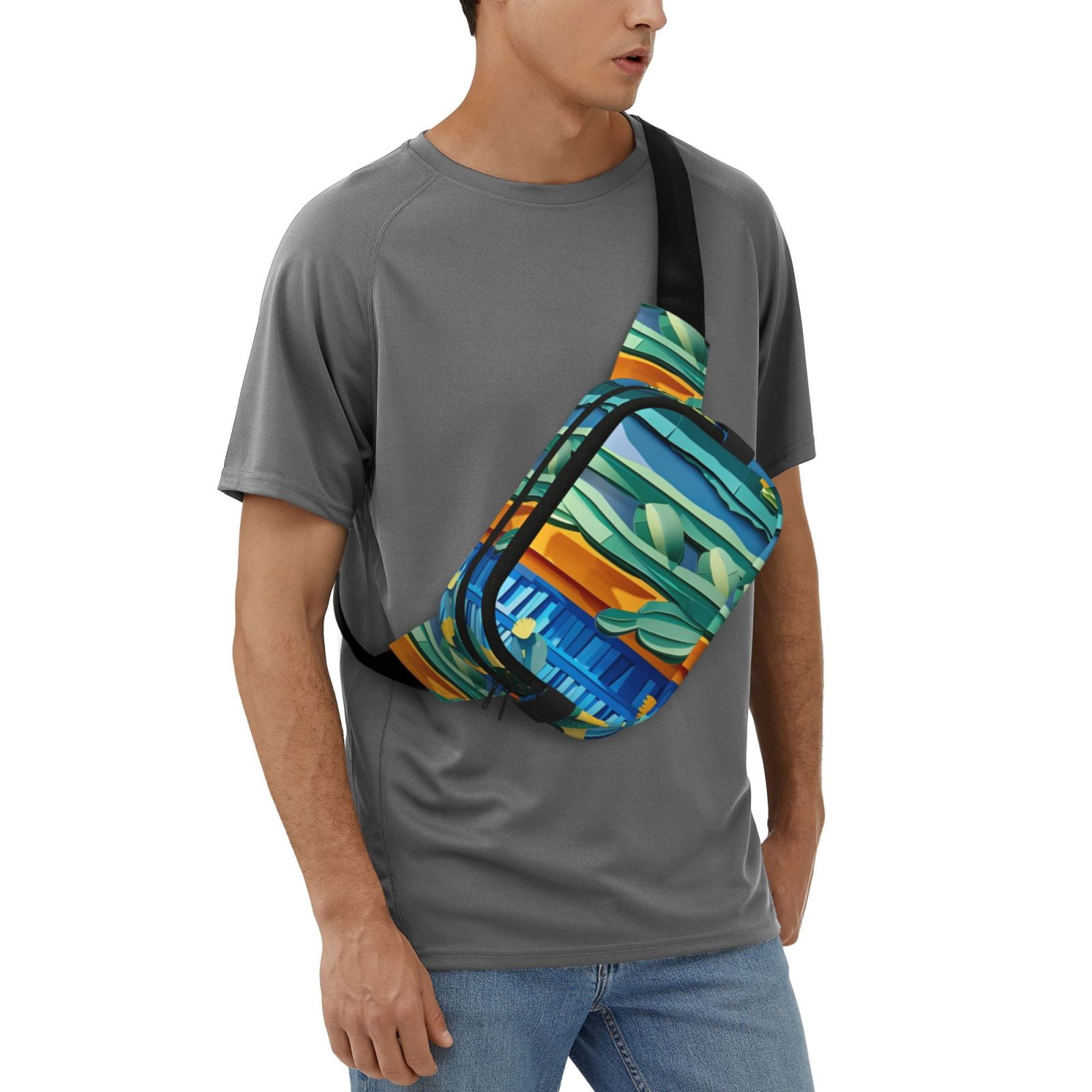 Picia Bright Paper Cactus Scene Print Square Double-Layer Waist Bag Mini Adjustable Waist Belt Bag Exercise Running Travel Hiking
