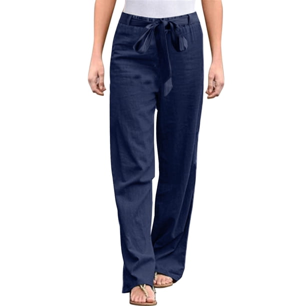 Pantalones anchos de algodón y lino para mujer: cintura alta elástica, cordón, transpirables, ropa informal para la oficina y la playa, tallas S-XXL, cintura de 66 a 88 cm.