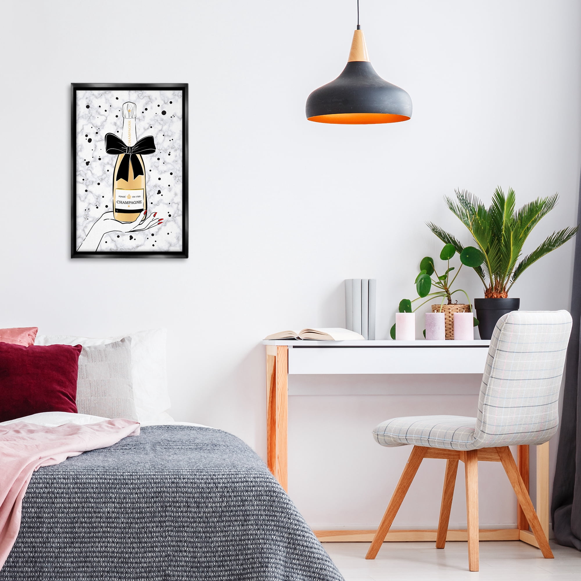 Stupell Industries Holding Champagne Bottle Food & Beverage Painting Black Floater Framed Art Print Wall Art, 17 x 25