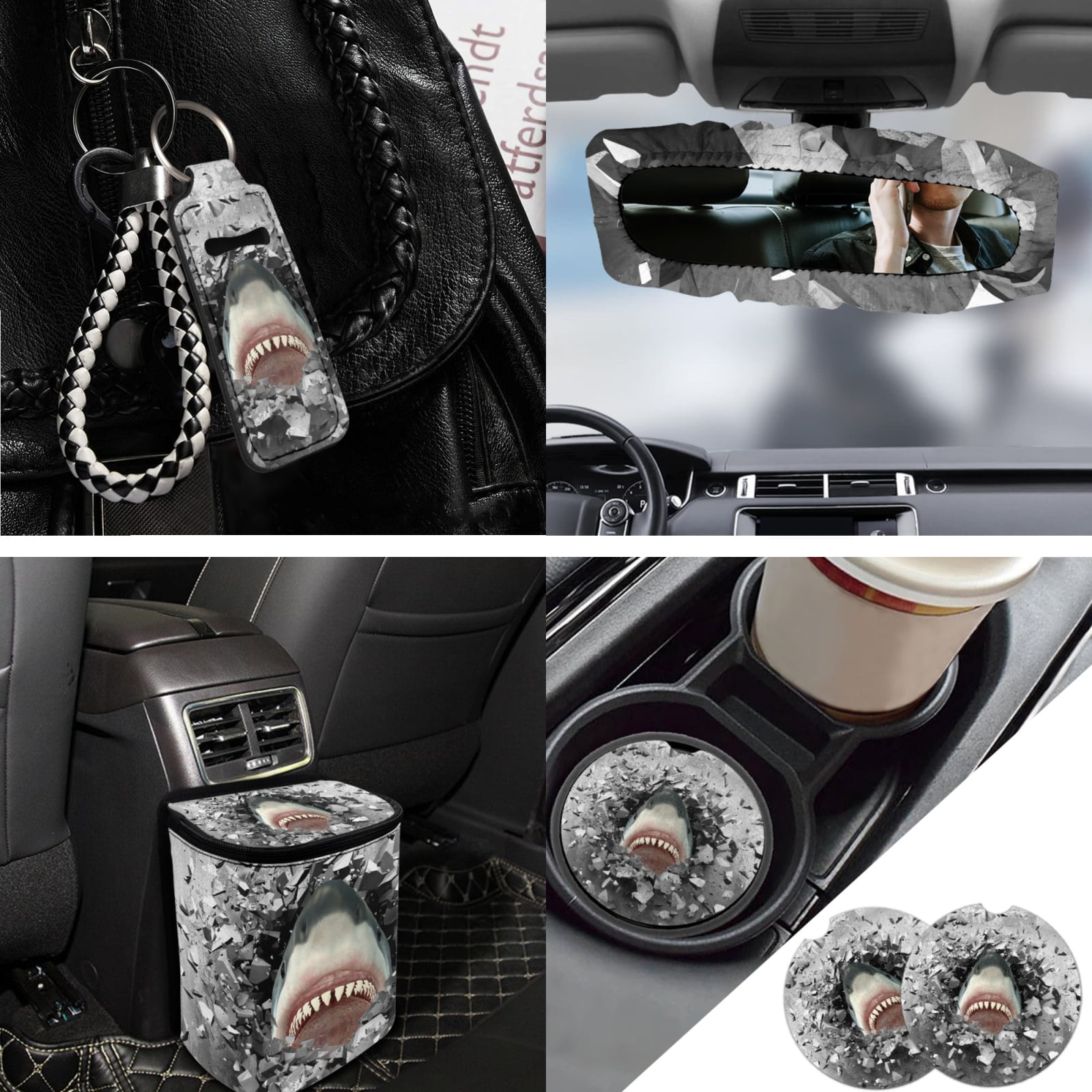 Jeiento 3D Shark Print Car Seat Covers Full Set of 13 Steering Wheel Cover Seat Belt Cover Car Trash Bag Rearview Mirror Cover Keyrings Lipstick Holder Auto Accessory Interior Decor