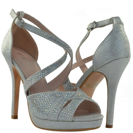 

Women Wedding Party Heels Glitter Cross Strap Bride Dress Shoes Silver