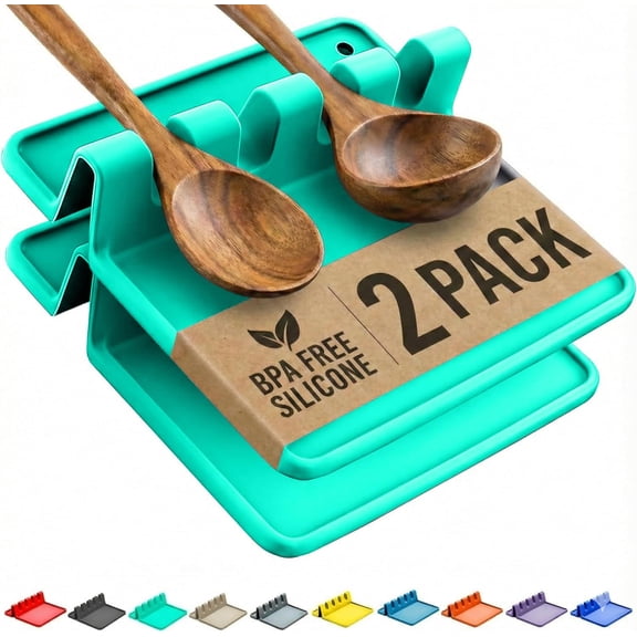 Aqua Green Silicone Spoon Rest for Stove Top with Drip Pad (Two Pack) - Heat-Resistant, BPA-Free Utensil Rest & Spoon Holder for Kitchen Counter - Grill Utensil Holder for Spatulas, Tongs, Ladles