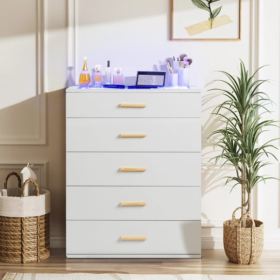 Zimtown 5 Drawers Dresser with Visual Glass Top, Wooden Storage Tower Organizer, Wide Chest of Drawers for Bedroom, Living Room, Entryway, White