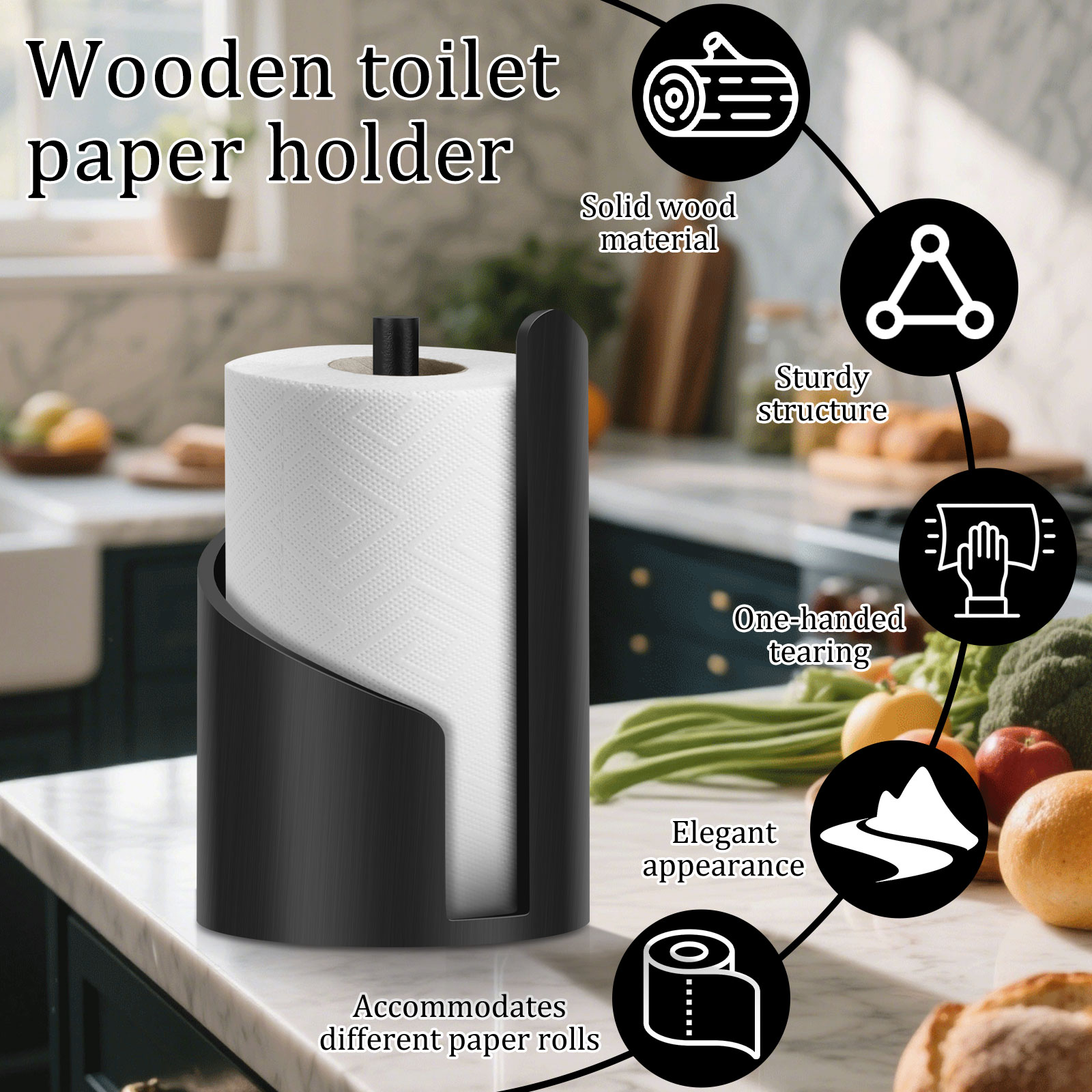 FKSZLL Mountain Paper Towel Holder Wood Round Base Paper Towel Holder One Handed Tearing Standard&nbsp;and Large Roll for Kitchen Bathroom