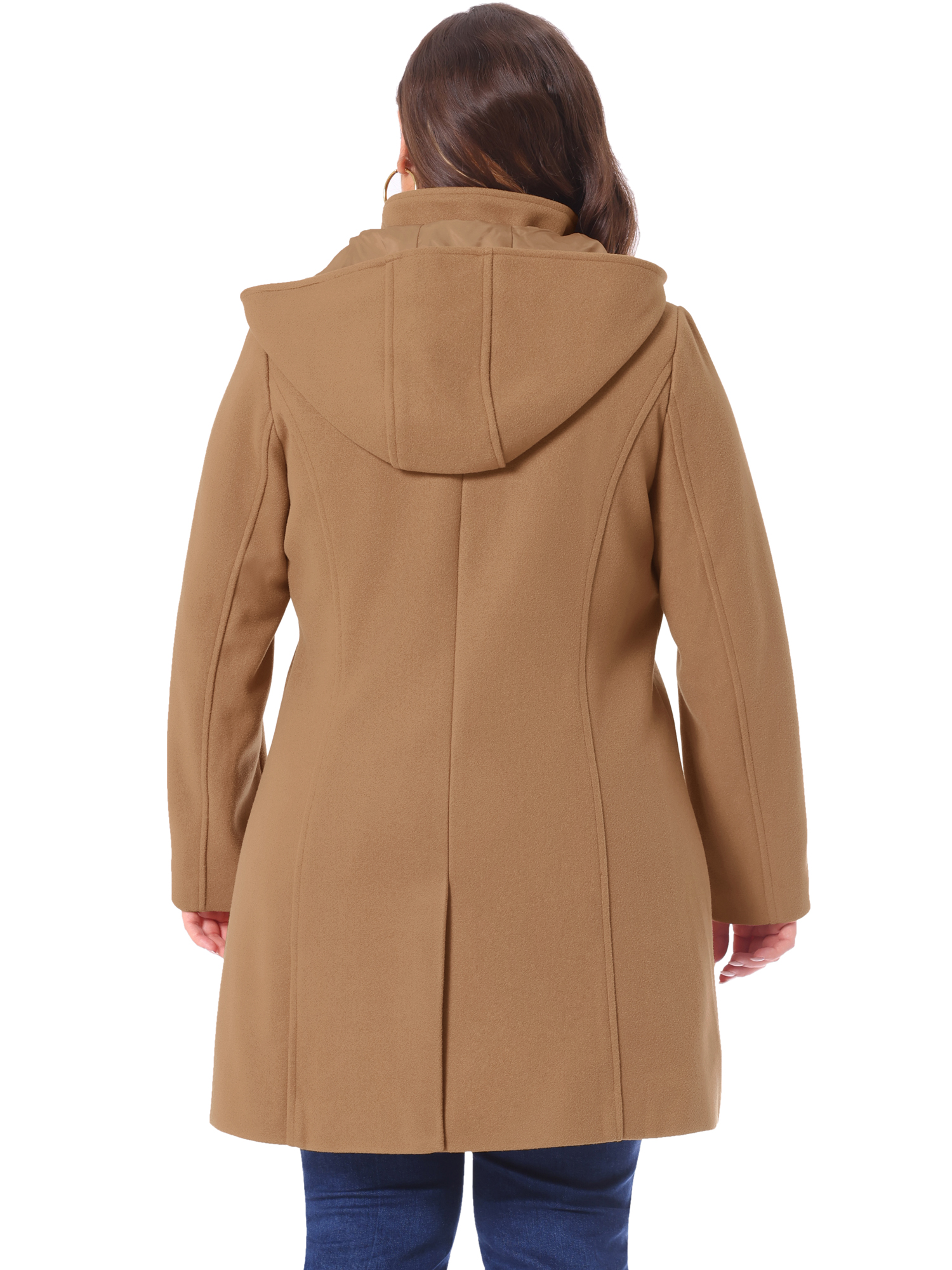 DARING DIVA Women's Plus Size Single Breasted Detachable Hooded Overcoat 1X Camel