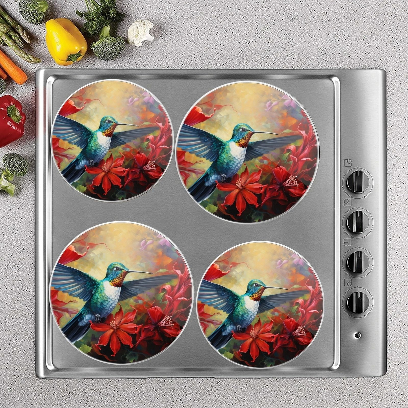 BaHomeck Electric Stove Burner Covers Set of 4,Round Metal Gas Stove Burner Covers 8 Inch and 10 Inch,Kitchen Decor,Vibrant Hummingbird Gracefully Hovering Near Red Flowers