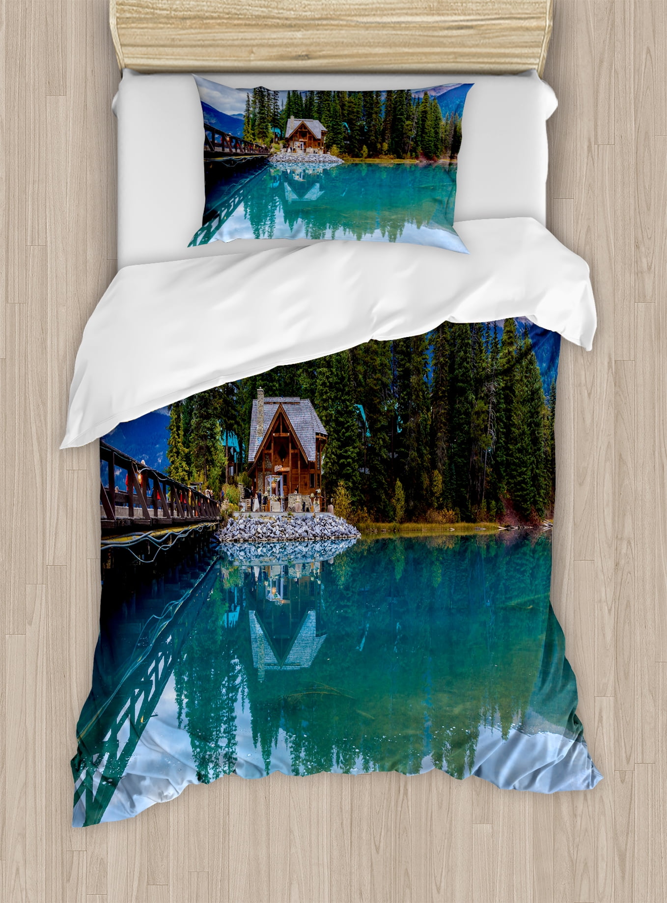 Nature Duvet Cover Set Canadian Emerald Lake Scenery With A Wooden Nature Duvet Cover Set Canadian Emerald Lake Scenery With A Wooden Cottage House Country View Decorative Bedding Pillow Shams Petrol Blue Olive