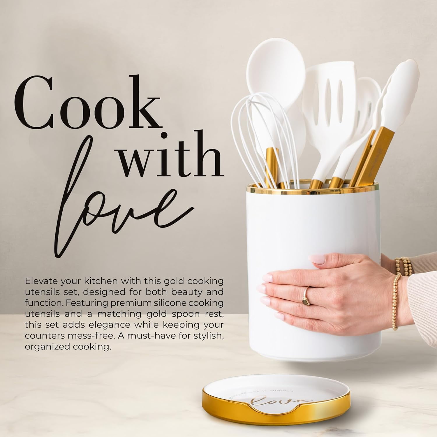 Styled Settings 8 Piece White and Gold Kitchen Utensils Set – Silicone Cooking Utensils with Gold Handles, Ceramic Utensil Holder and Stackable Spoon Rest, Heat-Resistant and Nonstick Safe