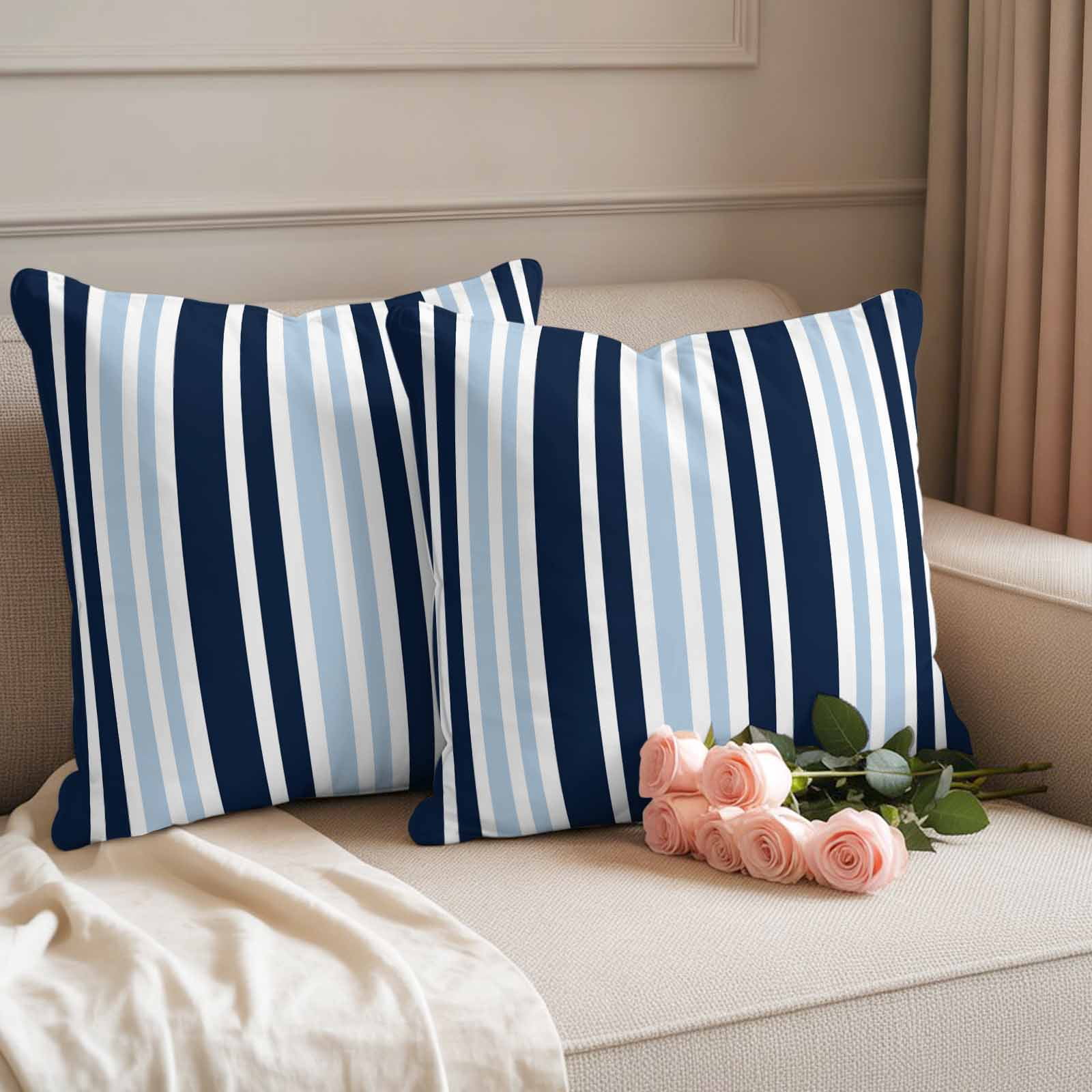 Navy Blue Outdoor Waterproof Pillow Covers, Modern White Geometric Vertical Stripes Decorative Square Throw Pillowcase Sofa Cushion Sham for Patio/Couch/Chair, 24"x24" 2 Pack