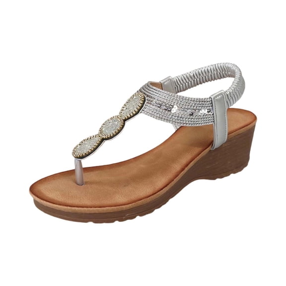 Fiaer Platform Wedge Sandals for Women Fashion Summer Boho Rhinestones Gladiator Open Toe Low Heel Sandals Lightweight Outdoor Sandals Silver 9