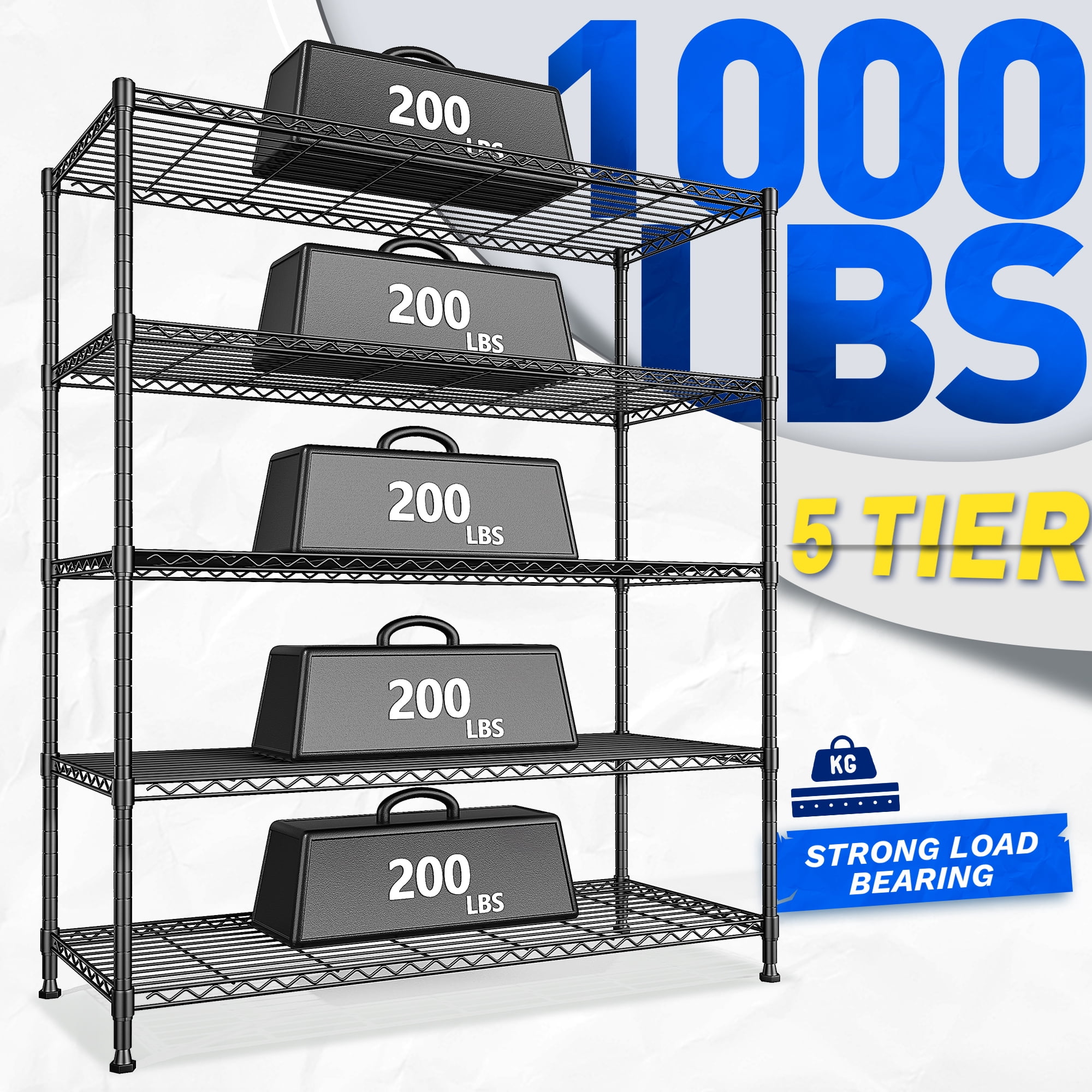 REIBII 5-Tier Heavy Duty Metal Wire Shelving Unit,1000lbs Capacity,45 "W x 70.5 "H x 13.5 "D，Adjustable Steel Storage Rack for Garage, Kitchen & Pantry