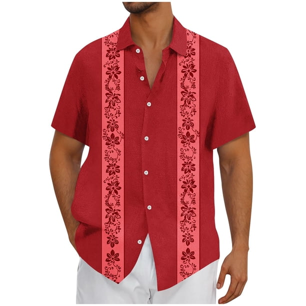 Mens Casual Botón Arriba Camisas Manga Corta Vintage Boliche Cuba Playa Camisas de Verano Botón Arriba