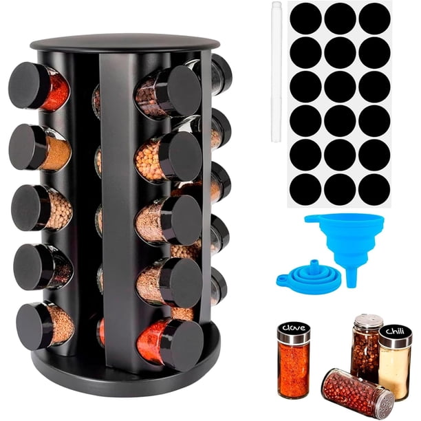 Especiero Giratorio 360º, Organizador para Cocina, Especiero con 20 Frascos de Vidrio, 5 Niveles, Especie de Cocina, Estante Organizador de Especias, 34 * 22 * 22 cm (Negro)