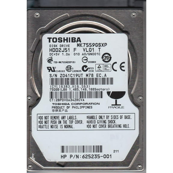 MK7559GSXP, A0/GN001C, HDD2J51 F VL01 T, Toshiba 750GB SATA 2.5 Hard Drive