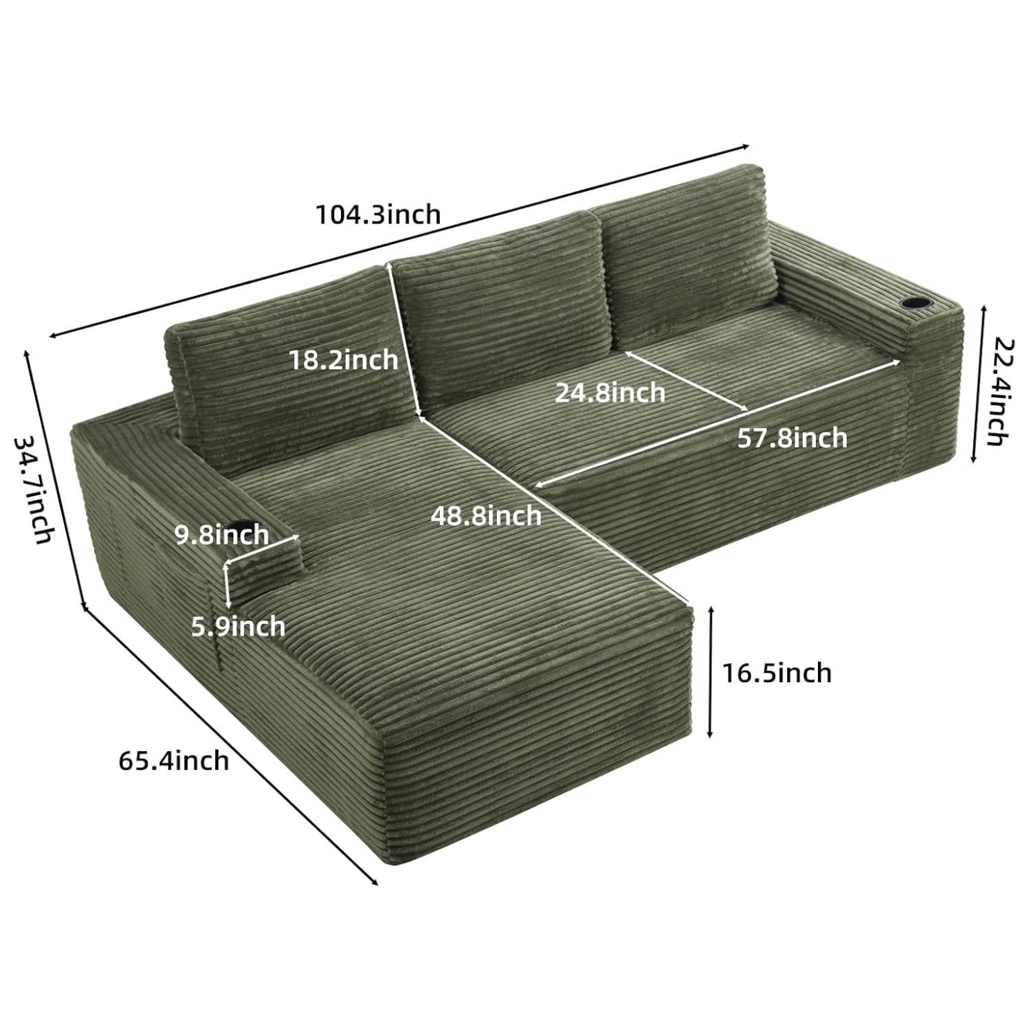 L-Shape Cloud Couch Cup Holders, Modular 104" Cloud Sectional Sofa Corduroy Boneless Sofa Couch with Chaise for Living Room, Green