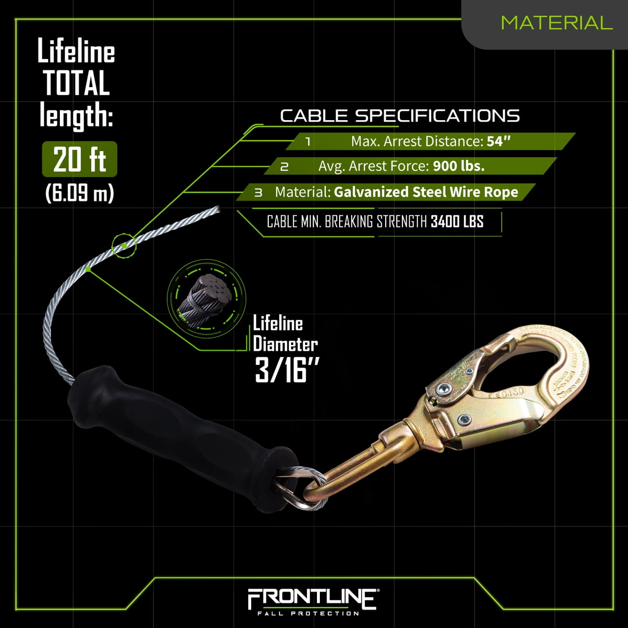 Frontline RPG20 Cable Single Leg 20ft SRL with Steel Snap Hook End| Roofing | Construction | Personal Fall Arrest Protection | Galvanized Steel Retractable Lifeline/Safety Yoyo