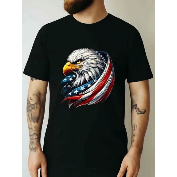 Patriotic American Flag Bald Eagle Men's Graphic T-Shirt Retro USA Pride Independence Day Black Cotton Tee