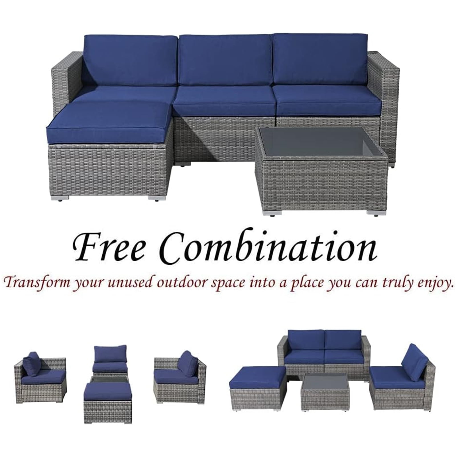 JOIVI 5 Pieces Outdoor Patio Furniture Set, All Weather PE Gray Wicker Rattan Sectional Furniture Set with Coffee Table, Navy Blue