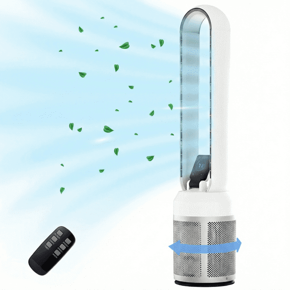 Advwin Bladeless Tower Fan, Quiet Cooling Air Circulator with 60° Oscillation, 24 Speeds, White Silver