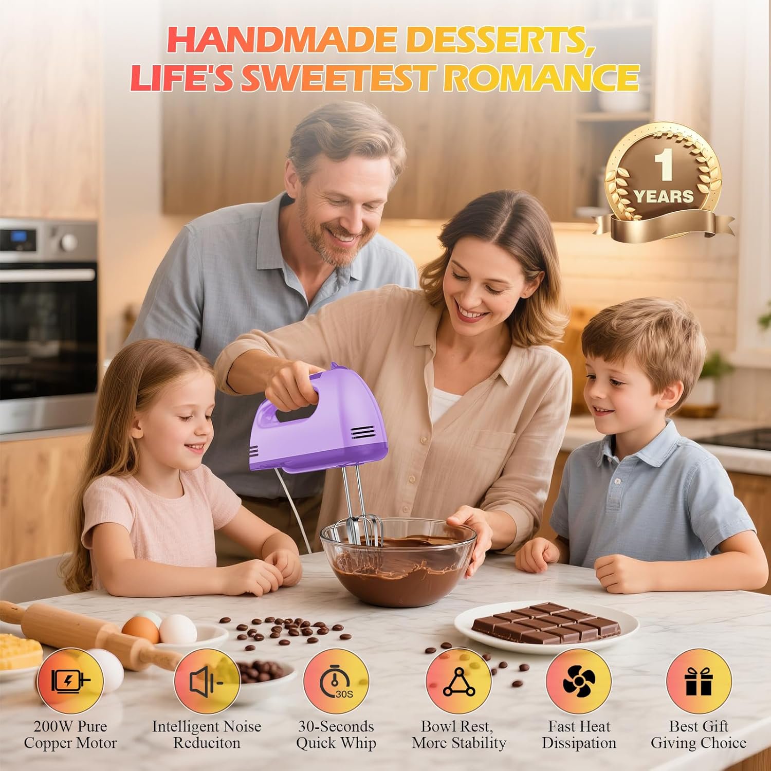 7-Speed Electric Hand Mixer – Portable Food Kitchen with 304 *(1x Whisk, 2x Beater, Dough hook) for Baking Cakes, Cream, Purple