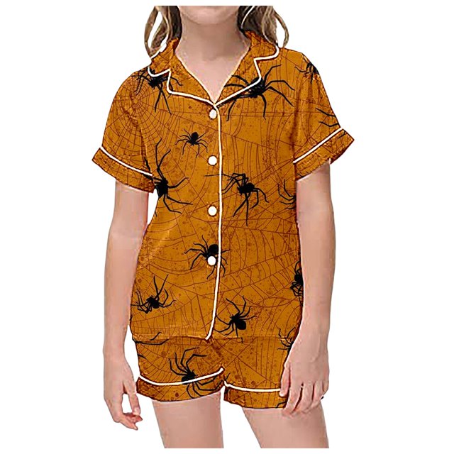 YOUSNH Tenues d'Halloween pour Filles Ensemble de Pyjamas 2 Pcs pour Enfants Imprimé Graphique Chemise à Manches Courtes à Boutons Shorts Ensemble de Vêtements Rouge Pastèque 4-5 Ans
