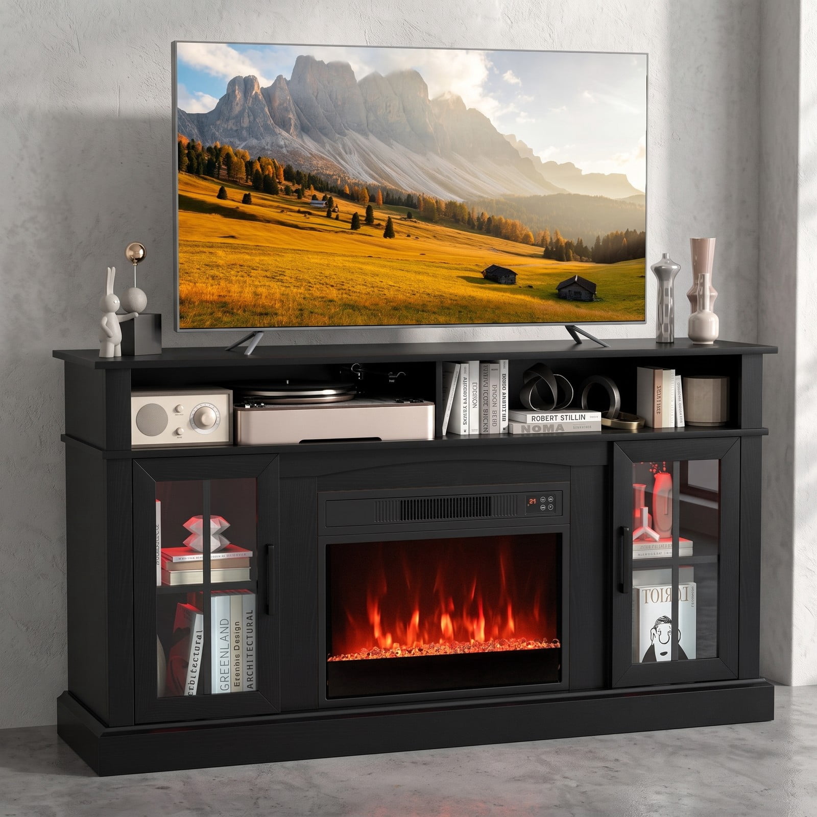 Furnibear 58 Inch Fireplace TV Stand with 4777 BTU Electric Fireplace, RGB LED Lights, Storage Cabinets and Tempered Glass Doors for TVs up to 65 Inch, Living, Black