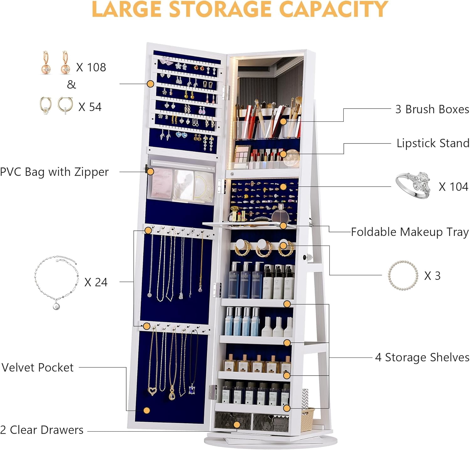 AENKYO LED 360-Degree Rotating Jewelry Armoire with Full-Length Mirror - Lockable Jewelry Cabinet Organizer with 63-Inch Storage Shelves - White