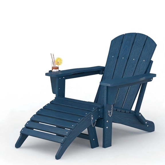 Folding Adirondack Chair Set of 2 with Ottoman, All-Weather HDPE Outdoor Chair, Wooden Textured with Cup Holder for patios, Decks, Gardens, fire pits, Navy Blue