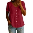 thumbnail image 2 of Craaazy Women's Casual V Neck Blouse, Solid Color Short Sleeve Button Down Shirt, Loose Fit Comfy Breathable Cotton Linen Tops for Daily Wear Gifts, 2 of 6
