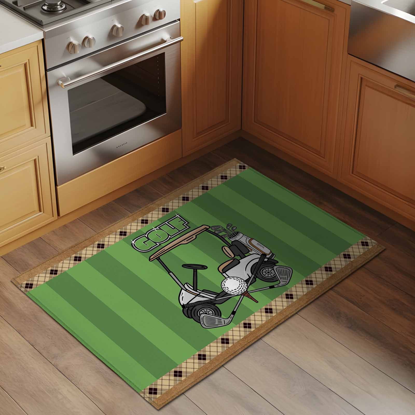Entrance Runner Rug 2'x3', Golf Balls Non-slip Doormat for Indoor Outdoor Entrance, Green Sports Art Truck Brown Lattice Washable Throw Floor Mat for Front Door/Living Room/Bedroom/Bathroom/Kitchen