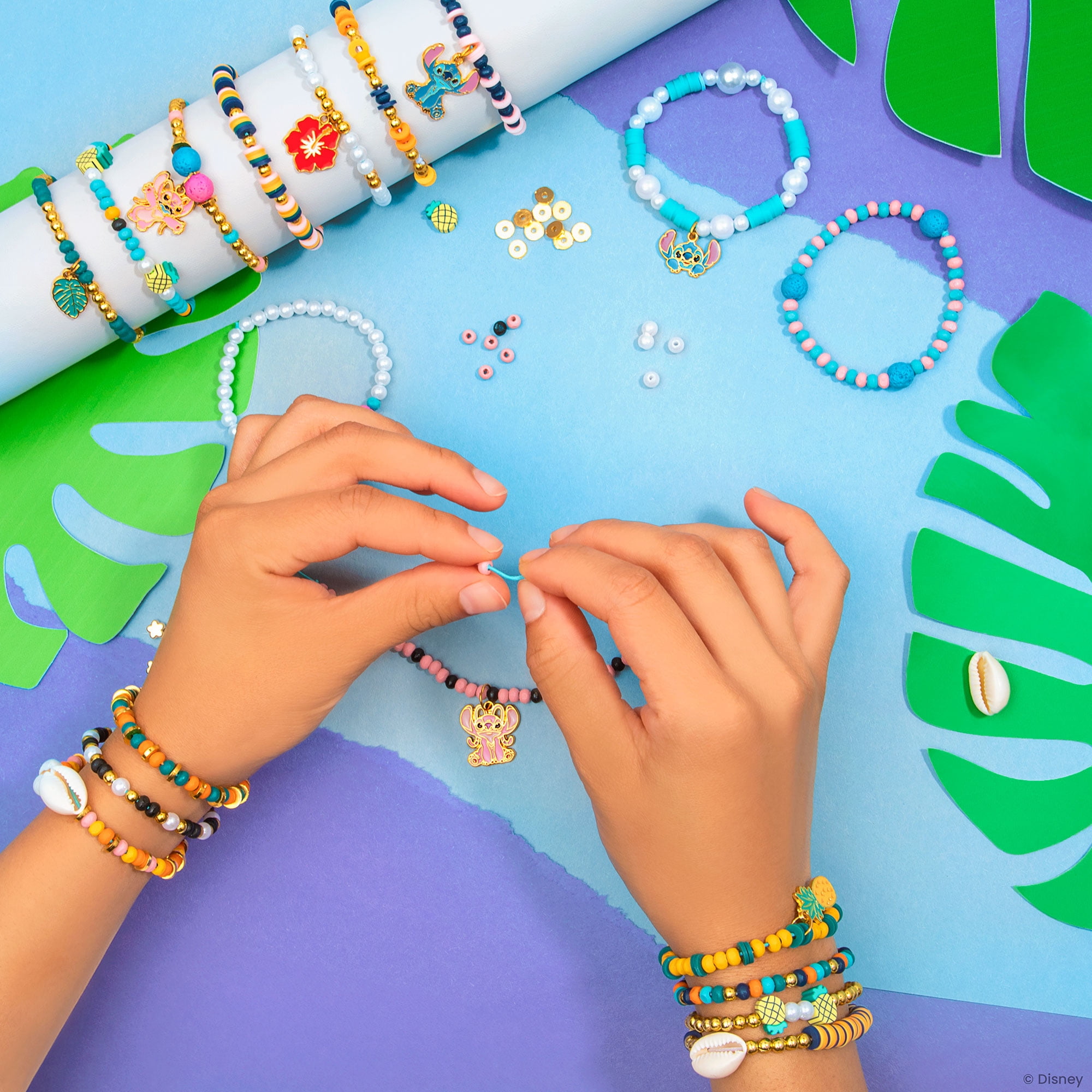 Fashion Angels: Disney Stitch: Cute & Feisty - DIY Jewelry Design Kit, Craft & Make 10 Colorful Charm Bracelets, Pineapple-Shell-Lava Beads, Kids 8+