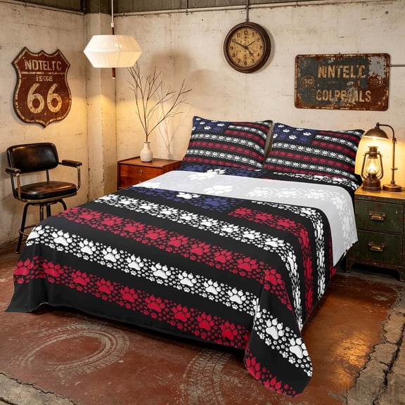 Manfei Patriotic USA Flag Queen Sheets, Striped Pet Paw Queen Sheet Sets, Black White Blue, Black Reversible 4-Piece (1 Flat Sheet, 1 Fitted Sheet and 2 Pillowcases)