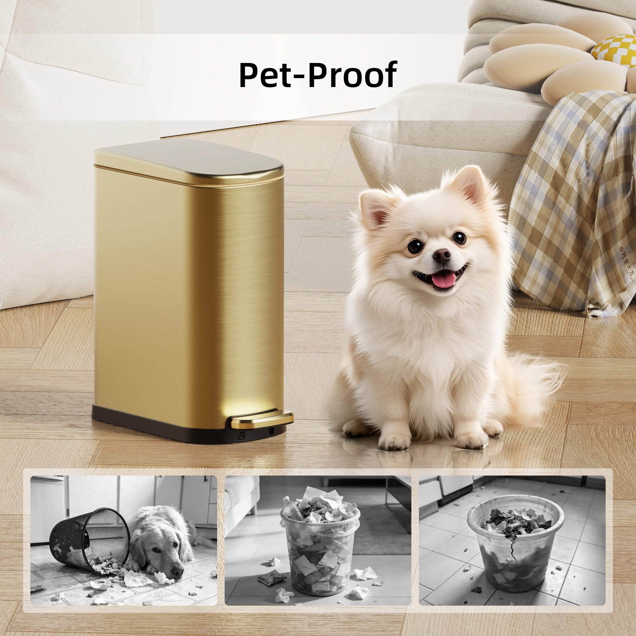 KSSKSS 2.6 Gallon/10L Slim Stainless Steel Bathroom Trash Can with Soft Close Lid, for Narrow Spaces,Bathroom, Bedroom (Titanium Gold)