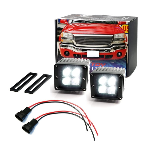 LED Pod Light Fog Lamp Kit For 2003-06 GMC Sierra 1500 2500 3500, Includes (2) 20W High Power LED Cubes, Foglight Location Mounting Brackets & Wiring/Adapter Harnesses
