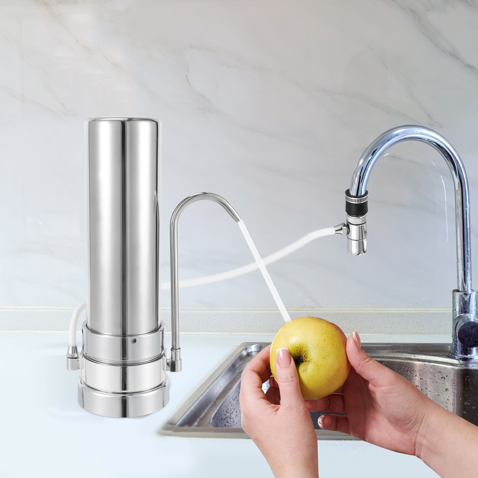 Portable Stainless Steel Countertop Water Filter System, Tap Water Purifier with Rotatable Spout, for Home Office Drinking Use