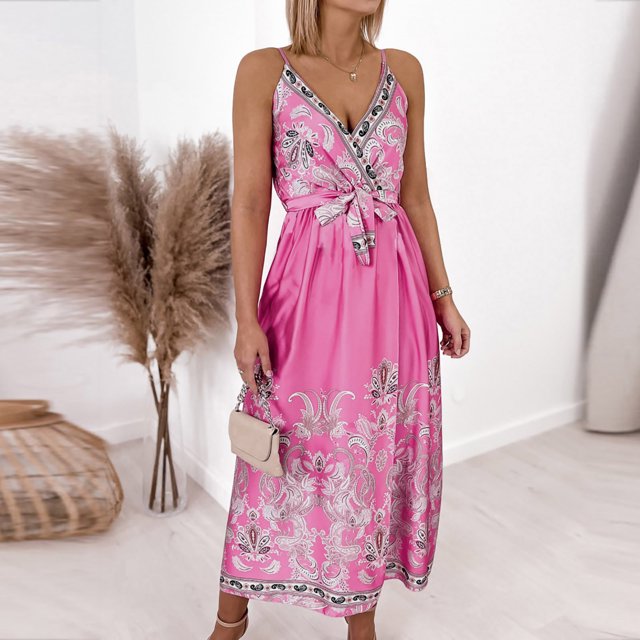 HKEJIAOI Robes Décontractées Rabais Liquidation Robe Florale pour Femmes Mode Été Aguichant Angleterre Bretelles Réglables Sans Manches Imprimé Col en V Robe Fendue Rose