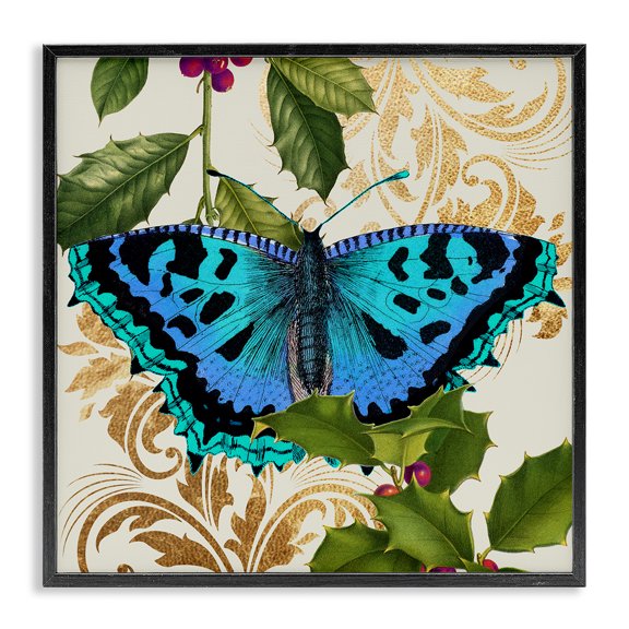 Stupell Industries Glam Dazzling Butterfly Wings Golden Floral Design Winter Holly Black Framed Giclee Art, 12 x 12, by Lil' Rue