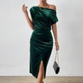 thumbnail image 5 of Jinhomg Velvet Dress for Women Elegant off The Shoulder Ruched Velvet Dresses Irregular formal Cocktail Dress Evening Party Midi Dresses Green L, 5 of 10