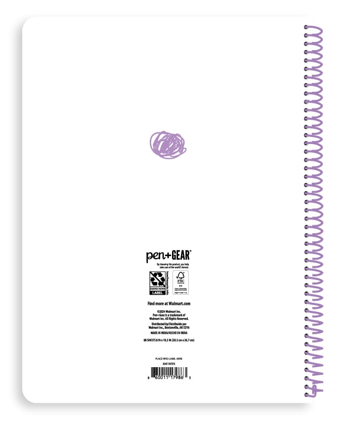 Pen+Gear College Ruled 1-Subject Notebook, 8" x 10.5", White and Purple Not Sorry Cat, 80 Sheets