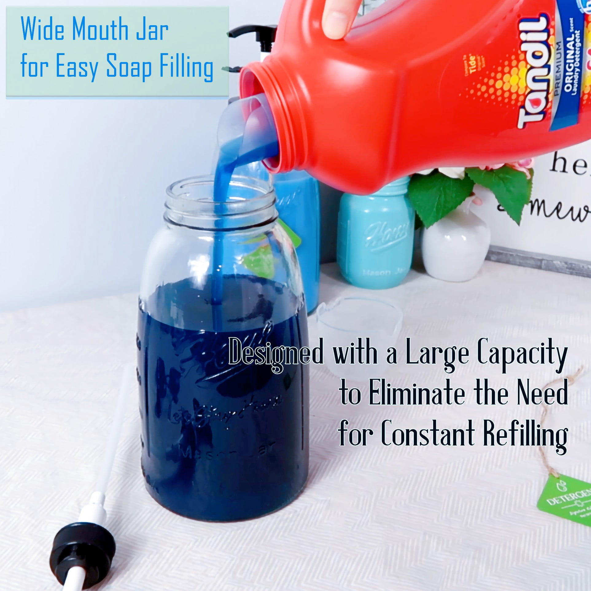 Glass Laundry Detergent Bottle Dispenser, Two 50oz Farmhouse Mason Jar Style with Pump, Black Lid