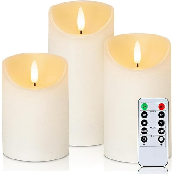 Homemory Flickering Flameless Candles, Realistic LED Candles with Remote and Timer, Textured Wax with Water Ripple, Battery Operated Wax Candles, Set of 3, Ivory