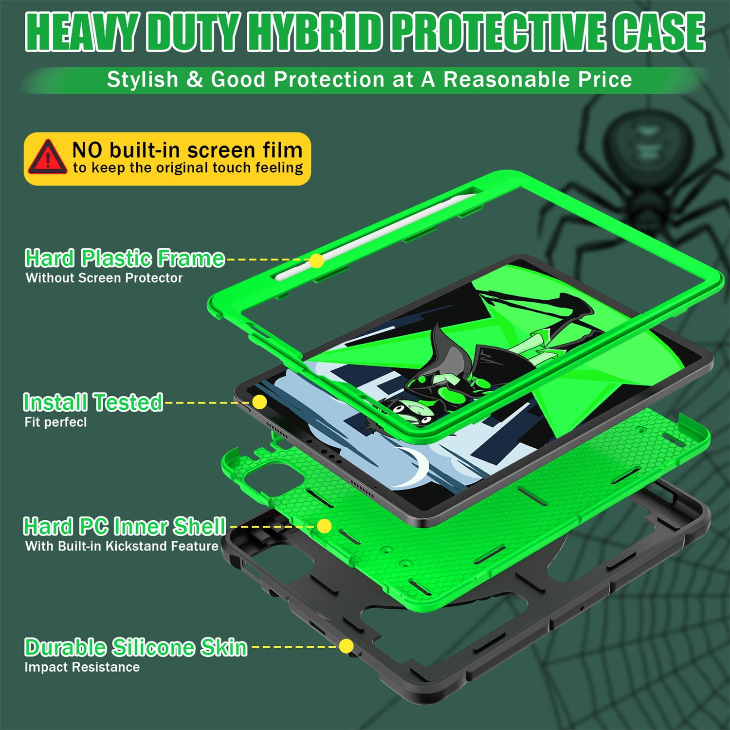Kids Case for iPad 9th/8th/7th Generation with Pencil Holder, Lightweight Shockproof Stand Anti-Slip Rugged Silicone PC Case Cover for iPad 10.2" 2021/2020/2019 for Boys Girls, Black+Green