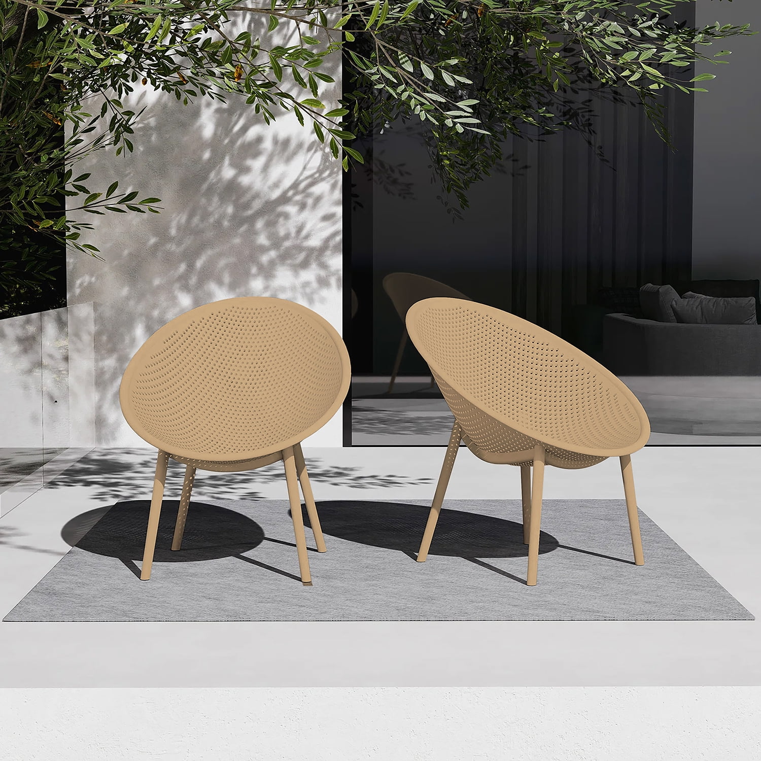 2xhome Set of 2 Modern Patio Chairs, Oval Acepulco With Dots Round Shape Contemporary Plastic Armless Dining Accent Chairs for Kitchen Living Room or Outdoor, Beige
