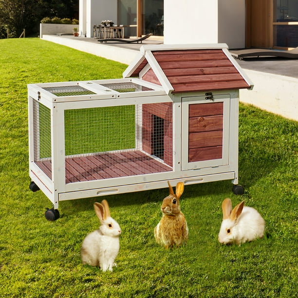 Hommoo Wooden Bunny Cage with 4 Wheels & Pull Out Tray, Indoor Outdoor