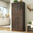 thumbnail image 2 of 71" Tall Farmhouse Kitchen Pantry with 12 Side Shelves & Adjustable Shelves, 5 Layers Pantry Storage Cabinet w/Load-Bearing Steel Pipe & 4 Barn Doors for Kitchen, Dining Room, Living Room, Brown, 2 of 9