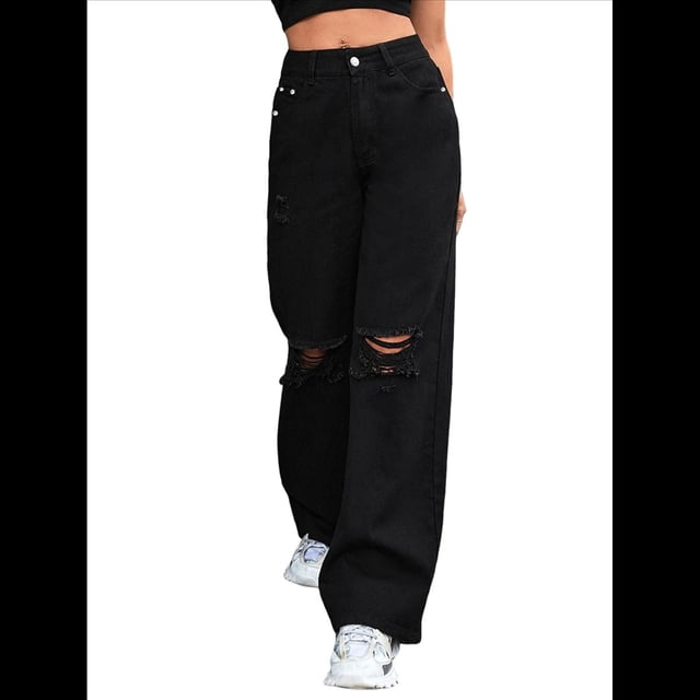 Pantalones Vaqueros Rotos de Cintura Alta para Mujer, Desgastados, Holgados, Rectos y de Pierna Negro M